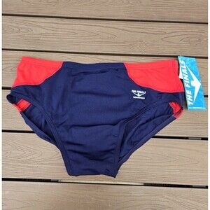 TYR The Finals Shark Splice Red/Navy Splice Racer Briefs, Boy Sz 22, NEW